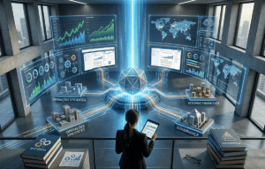 Visão aérea de uma executiva em um escritório de alta tecnologia, observando hologramas de análise financeira, mapas globais e estruturas de governança. A imagem simboliza a transformação de grandes investimentos em resultados tangíveis e controle operacional.