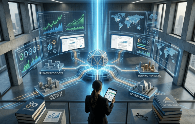 Visão aérea de uma executiva em um escritório de alta tecnologia, observando hologramas de análise financeira, mapas globais e estruturas de governança. A imagem simboliza a transformação de grandes investimentos em resultados tangíveis e controle operacional.