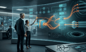 Executivos analisam uma visualização de fluxo de dados holográfico complexo em um centro de comando futurista. A visualização sem texto mostra blocos de dados integrados e linhas de energia laranja conectadas, com o homem de cabelos brancos observando e a mulher apontando para a interface.