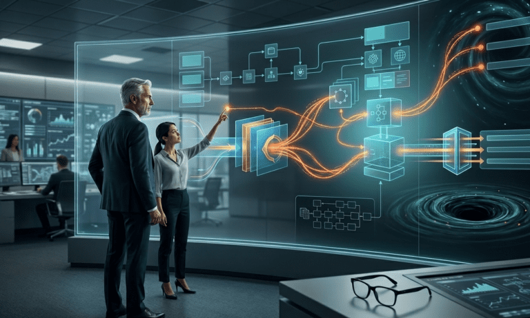Executivos analisam uma visualização de fluxo de dados holográfico complexo em um centro de comando futurista. A visualização sem texto mostra blocos de dados integrados e linhas de energia laranja conectadas, com o homem de cabelos brancos observando e a mulher apontando para a interface.