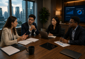 Executivos reunidos em uma mesa corporativa debatendo investimentos e regulamentações para o mercado de tecnologia.