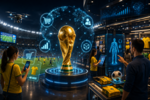 Consumidores interagindo com projeções holográficas de produtos e dados logísticos de IA na Copa do Mundo em uma loja inteligente.