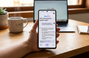 Pessoa utilizando um smartphone com assistente de inteligência artificial aberto, enquanto trabalha em uma mesa com notebook e bloco de anotações ao fundo.