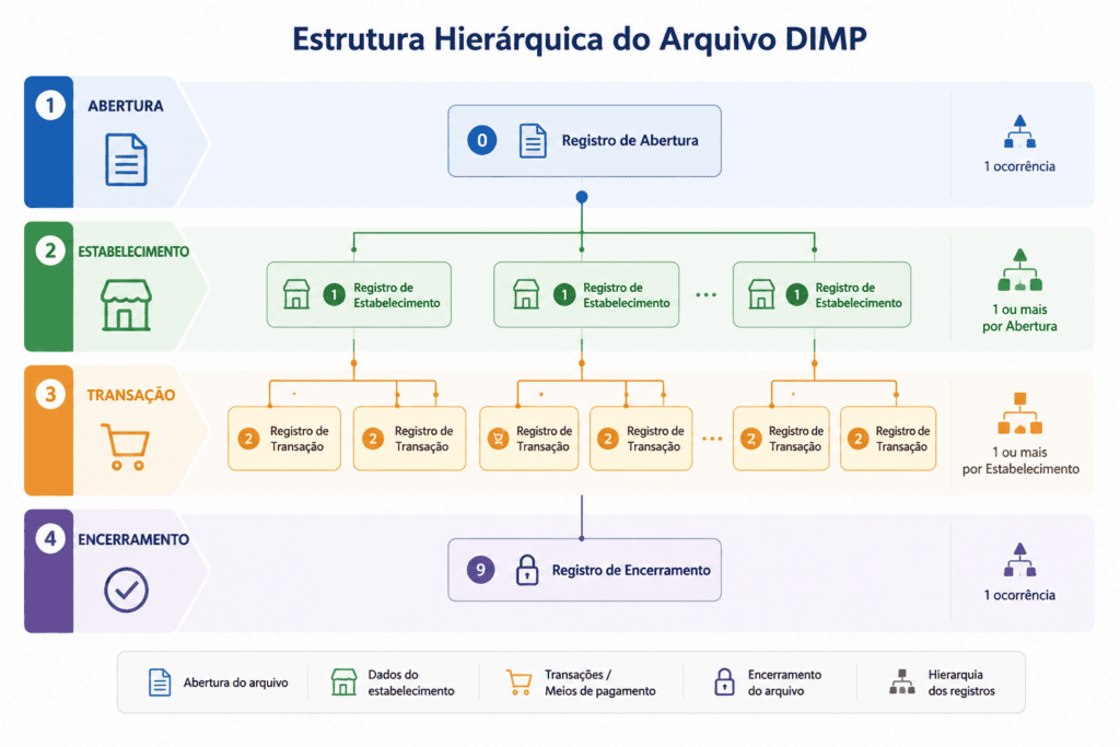 Infográfico com a estrutura hierárquica do arquivo DIMP em 4 níveis: Registro de Abertura, Registros de Estabelecimento, Registros de Transação e Registro de Encerramento.