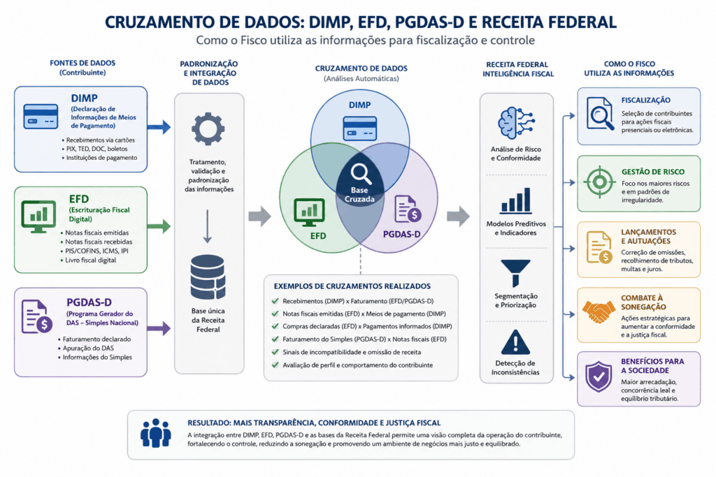 Infográfico mostrando o cruzamento de dados entre DIMP, EFD e PGDAS-D na base da Receita Federal para fiscalização, gestão de risco e combate à sonegação.