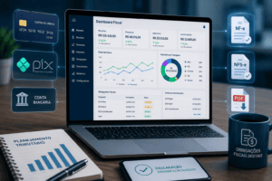 Dashboard fiscal em notebook exibindo receitas, despesas, impostos e obrigações fiscais, com ícones de cartão de crédito, PIX e conta bancária ao redor.
