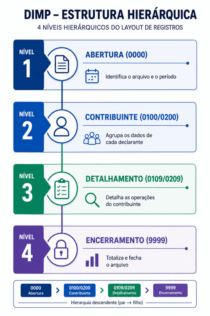 Infografico com os 4 niveis hierarquicos do layout de registros da DIMP: Abertura 0000, Contribuinte 0100 0200, Detalhamento 0109 0209 e Encerramento 9999.