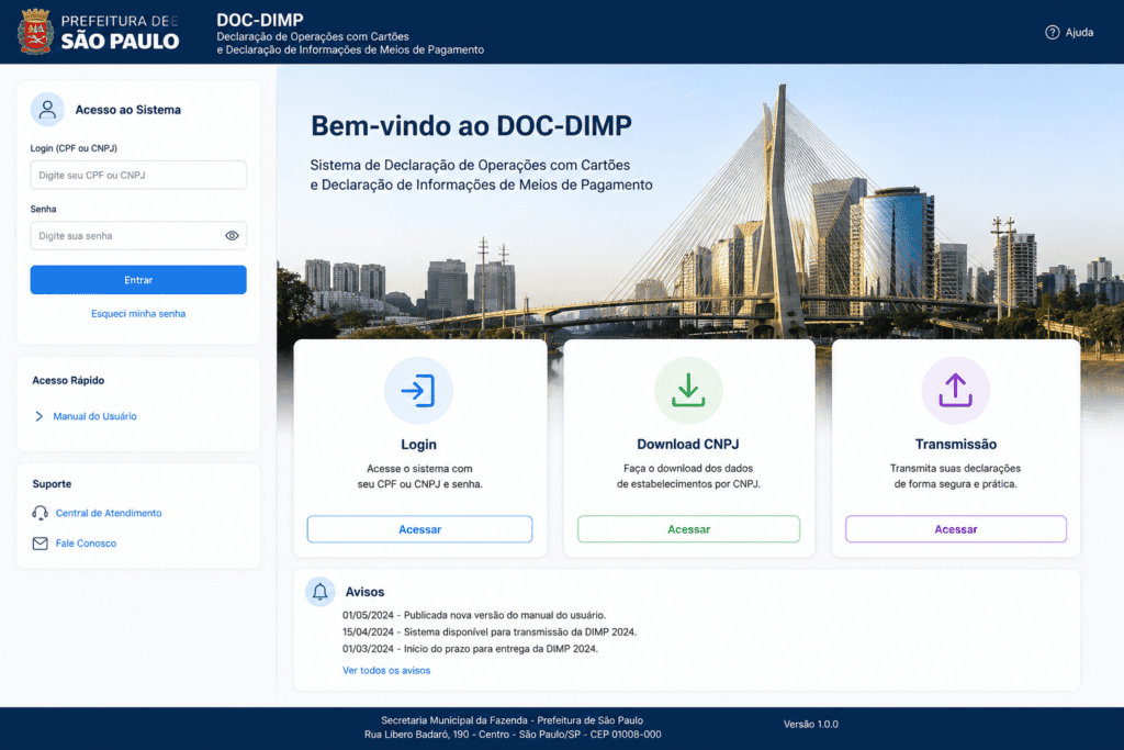 Tela inicial do Sistema DOC-DIMP da Secretaria Municipal da Fazenda de São Paulo, com campos de login, menus de Download CNPJ e Transmissão, e avisos sobre prazos da DIMP.