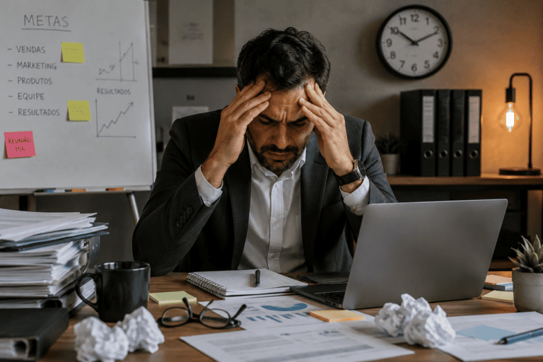 Gestor estressado com as mãos nas têmporas, ilustrando os riscos de não saber como contratar fábrica de software corretamente