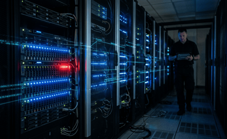 Profissional de segurança em corredor de data center observando alerta relacionado a riscos de IA autônoma em cibersegurança