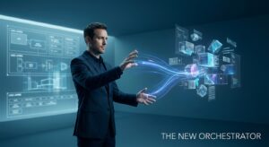 Homem de terno interagindo com uma interface holográfica de dados. Texto: The New Orchestrator
