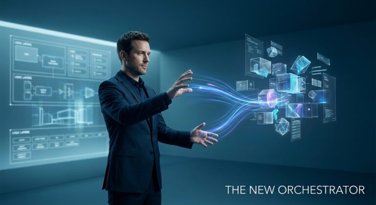 Homem de terno interagindo com uma interface holográfica de dados. Texto: The New Orchestrator