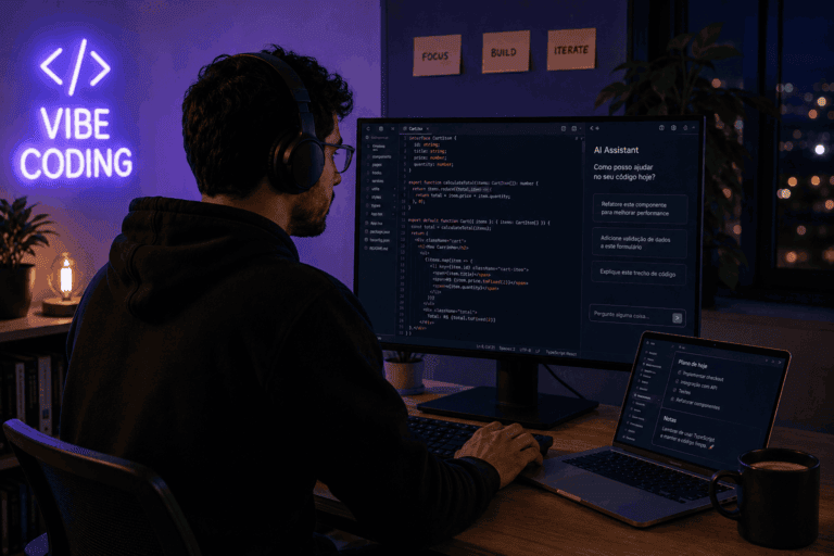 Desenvolvedor praticando vibe coding à noite, com editor de código e assistente de IA no monitor ultrawide.