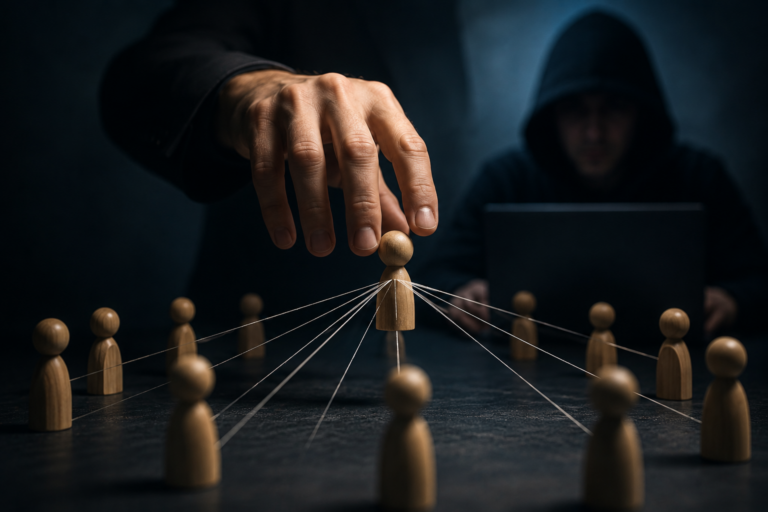 Engenharia social representada por uma mão controlando uma peça central cercada por outras pessoas, simbolizando manipulação e influência.