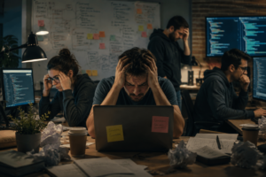 Desenvolvedores trabalhando sob pressão e estresse em um escritório, diante de computadores e códigos, em um cenário relacionado à documentação de software.