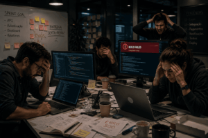 Equipe de desenvolvedores estressada em um escritório de tecnologia, analisando computadores e corrigindo erros durante uma sprint. A imagem representa como projetos de software atrasam devido a imprevistos, falhas técnicas e dificuldades de planejamento.