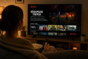 Pessoa sentada no sofá assistindo a uma plataforma de streaming em uma televisão, representando o conceito de SaaS, em que softwares são acessados pela internet sem necessidade de instalação no computador.