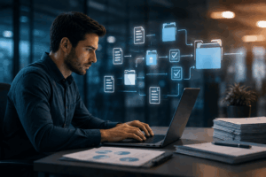 Profissional trabalhando em notebook diante de um fluxo digital de documentos, pastas e checklists que representa a automação de processos com RPA.