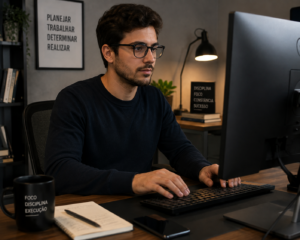 Homem utilizando o computador em um ambiente de trabalho moderno, representando qual IA usar para cada tarefa.