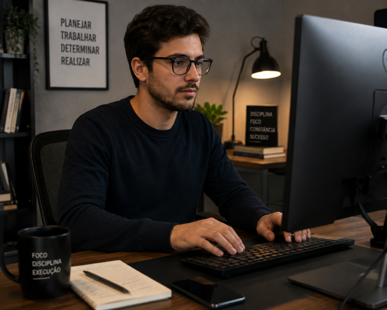 Homem utilizando o computador em um ambiente de trabalho moderno, representando qual IA usar para cada tarefa.