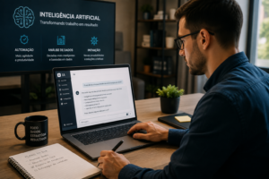 Homem utilizando inteligência artificial no trabalho, com foco em como usar IA sem vazar dados corporativos.