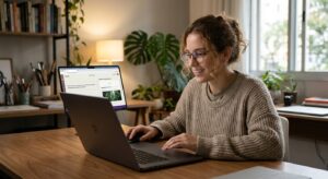 Mulher sorridente usando óculos e casaco bege, sentada diante de um notebook em uma mesa de madeira. A tela do computador exibe a interface do Claude AI gerando uma imagem, exemplificando o processo de identificação de conteúdo gerado por IA.