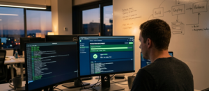 Um desenvolvedor de software, vestindo camiseta cinza, sentado de costas em uma estação de trabalho moderna ao entardecer. Ele está focado em dois monitores enquanto executa um deploy. O monitor principal (direito) exibe um painel verde com uma barra de progresso e o texto "Deploying...". O monitor esquerdo mostra um terminal de comando com logs rolando. Sua mão está próxima ao teclado. Ao fundo, desfocado, um quadro branco mostra o fluxo "Build", "Deploy" e "Release". Esta imagem ilustra na prática o que é deploy de software.