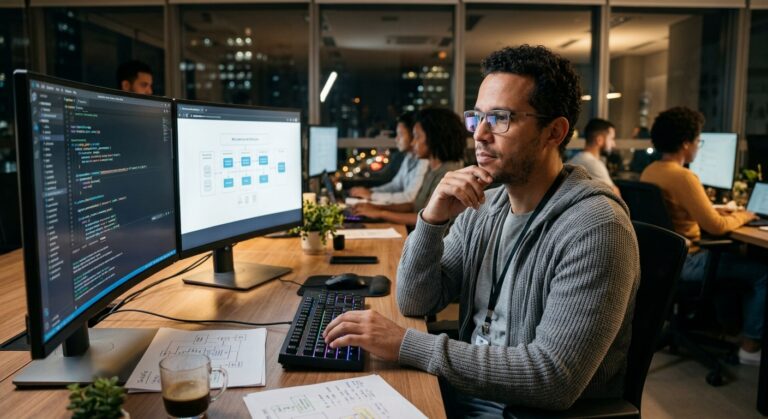 Desenvolvedor focado trabalhando à noite em um escritório moderno, analisando diagramas de arquitetura e código em dois monitores, exemplificando a evolução da senioridade em tech.