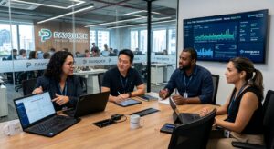 Um grupo de profissionais da PayQuick Fintech Innovation discute em volta de uma mesa de conferência. Na parede ao fundo, uma tela exibe dados e análises de orquestração de pagamentos, mostrando gráficos e o status da monitoração de transações em tempo real como "saudável". Os profissionais estão engajados na discussão, com laptops e tablets na mesa.
