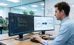 Um desenvolvedor de camisa azul trabalha em um escritório iluminado em frente a dois monitores. A tela esquerda mostra código de programação. A tela direita exibe um diagrama técnico ilustrando o que é API: uma seta rotulada 'API' conecta dois blocos chamados 'Sistema A (E-commerce)' e 'Sistema B (Inventário)', mostrando como eles conversam entre si. Ao fundo, um quadro branco com anotações de arquitetura.