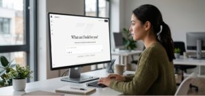 Uma profissional de TI concentrada, com a mão no teclado, observando a tela inicial da ferramenta Z.ai com o modelo GLM-4.7. Ela se prepara para inserir um prompt e iniciar um diagnóstico de cibersegurança, em um escritório moderno com iluminação natural.
