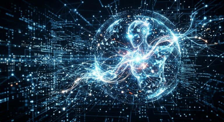 Visualização abstrata de um humanoide digital luminoso recebendo fluxos de luz de uma rede de dados para agente de IA, ilustrando o processamento de informação.