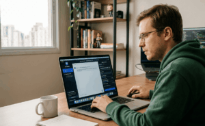 Homem de óculos e casaco verde sentado em uma mesa de madeira, digitando em um notebook que exibe a interface do software LM Studio com a funcionalidade RAG-v1 ativa.