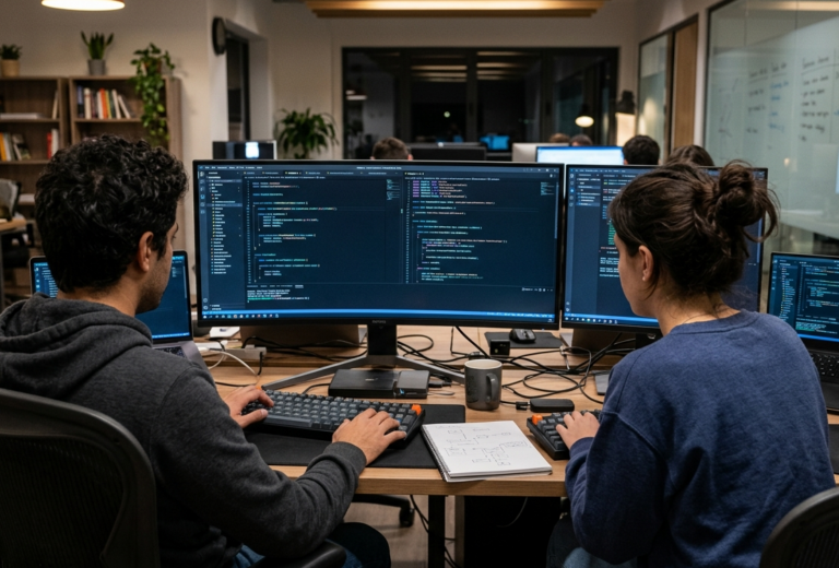 Dois desenvolvedores de sistemas sentados lado a lado de costas, trabalhando em conjunto com telas grandes exibindo linhas de código de programação em um escritório moderno.