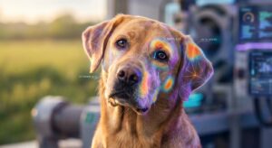 Cachorro com sobreposição de malha digital e indicadores de rastreamento ocular e detecção de inclinação da orelha