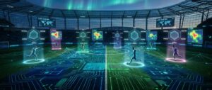 Campo de futebol futurista com circuitos integrados e hologramas exibindo dados analíticos e estatísticas dos jogadores