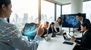 Equipe de executivos reunida em escritório moderno enquanto uma profissional aponta para um gráfico digital ascendente com símbolo de porcentagem em um tablet. A cena destaca o impacto positivo das habilidades em inteligência artificial na carreira.