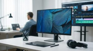 Mesa de trabalho com monitor exibindo imagem em alta definição, mesa digitalizadora, fones de ouvido e monitor ao fundo com software de edição de vídeo, ilustrando o processo de gerenciamento e remoção de marca d’água de IA em arquivos multimídia.