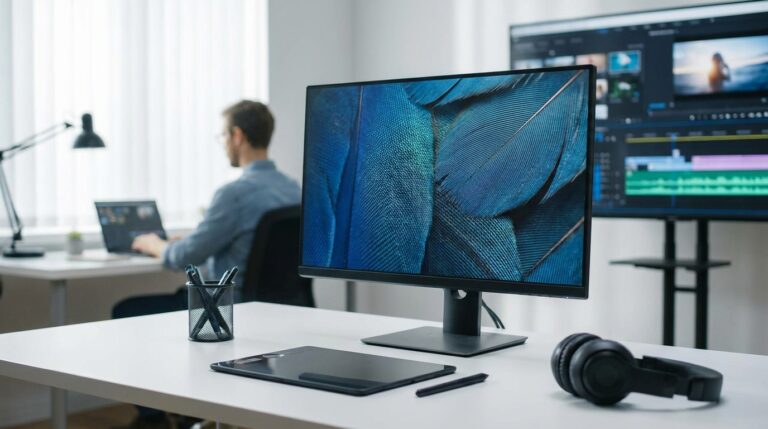 Mesa de trabalho com monitor exibindo imagem em alta definição, mesa digitalizadora, fones de ouvido e monitor ao fundo com software de edição de vídeo, ilustrando o processo de gerenciamento e remoção de marca d’água de IA em arquivos multimídia.
