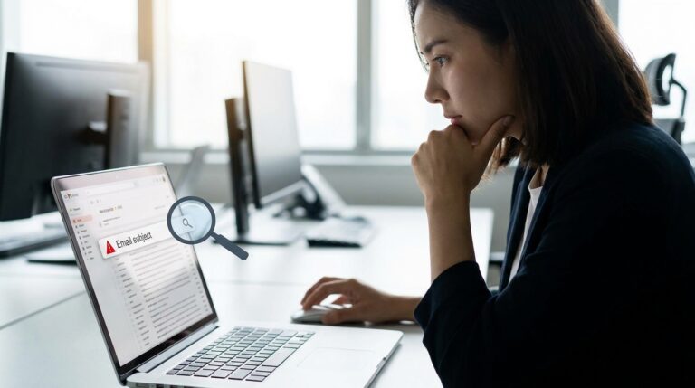 Mulher concentrada em um escritório analisando a tela do notebook para entender como identificar um e-mail de phishing, com uma lupa e ícone de alerta sobre a caixa de entrada.