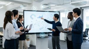 Grupo de profissionais em uma sala de reuniões moderna analisando gráficos digitais e redes de dados em um painel interativo, alinhando as habilidades de IA mais valorizadas pelas empresas com a estratégia do negócio.