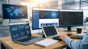 Desenvolvedor trabalhando em uma mesa com notebook, tablet e dois monitores exibindo um site com projetos de IA e linhas de código, exemplificando como montar um portfólio para trabalhar com Inteligência Artificial.