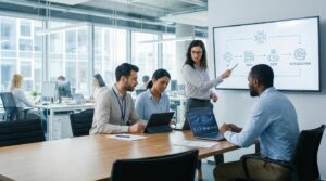 Profissional em um escritório analisando opções em uma tela interativa com softwares e dados corporativos para entender como escolher uma ferramenta de IA para sua empresa.
