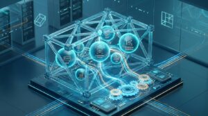 Estrutura futurista em data center com esferas representando Computer Vision, NLP, Predictive Analytics e dados