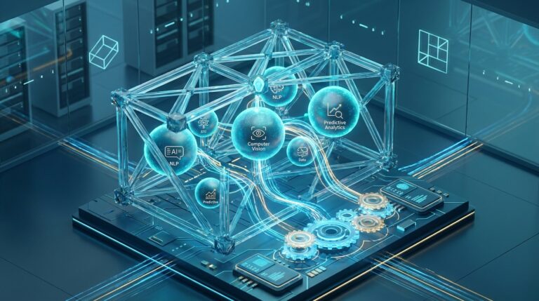 Estrutura futurista em data center com esferas representando Computer Vision, NLP, Predictive Analytics e dados