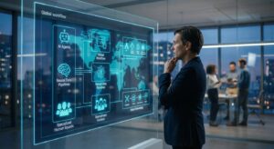 Executivo analisa tela digital com diagrama de fluxo de trabalho global integrando agentes de IA e equipes humanas