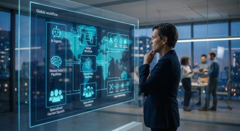 Executivo analisa tela digital com diagrama de fluxo de trabalho global integrando agentes de IA e equipes humanas
