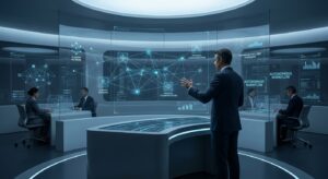 Homem em centro de comando futurista gesticula para tela holográfica exibindo rede de agentes de IA e fluxos de trabalho