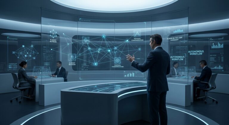 Homem em centro de comando futurista gesticula para tela holográfica exibindo rede de agentes de IA e fluxos de trabalho