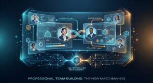 Interface digital de IA para formação de equipes, analisando habilidades e sinergia entre perfis profissionais